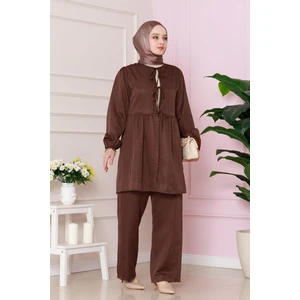 Önü Bağlamalı Pantolonlu Takım-Kahverengi