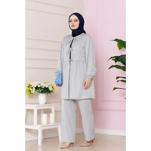 Önü Bağlamalı Pantolonlu Takım-Gri