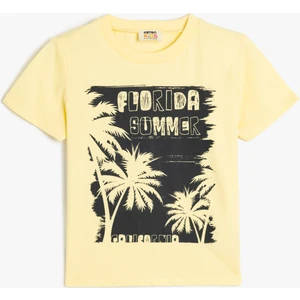 Palmiye Baskılı Kısa Kollu Tişört Bisiklet Yaka Pamuklu