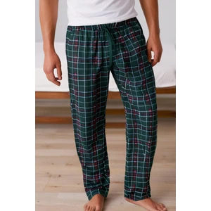 Kareli Pamuklu Erkek Pijama Altı Yumuşak Esnek Bol Kalıp Cepli Ipli Yeşil Ekose Relax Fit Likralı