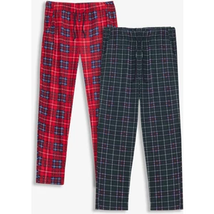 2’li Takım Erkek Kareli Pijama Altı Cepli Bol Kalıp Lastikli Ipli Yumuşak Relax Fit Yeşil-Kırmızı Alt