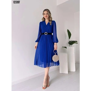 Moda Yakamoz Kadın Kruvaze Yaka  Astarlı Uzun Kollu Şifon Kumaş Midi Elbise