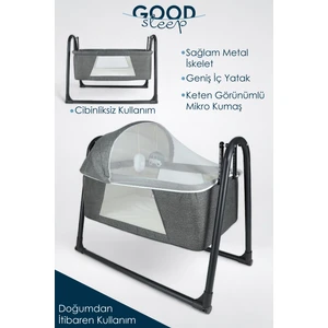 Ironika Good Sleep Portatif Sallanır Anne Yanı Cibinlikli Bebek Beşiği Bebek Yatağı Beşik - Koyu Gri