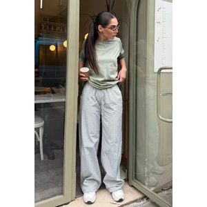 Açık Yeşil Beli Ayarlanabilir Ekoseli Bol Paça Kadın Pantolon MG2335