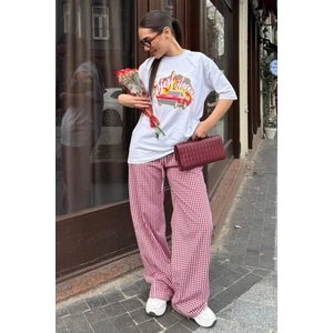 Bordo Beli Ayarlanabilir Ekoseli Bol Paça Kadın Pantolon MG2335