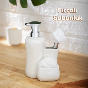 Tezgah Üstü Fırçalı Süngerli Mutfak Banyo Porselen Sıvı Sabunluk Takımı Seti Beyaz 550 ml