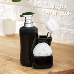 Tezgah Üstü Fırçalı Süngerli Mutfak Banyo Porselen Sıvı Sabunluk Takımı Seti Siyah 550 ml