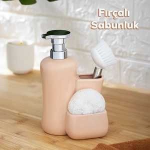 Tezgah Üstü Fırçalı Süngerli Mutfak Banyo Porselen Sıvı Sabunluk Takımı Seti Pudra 550 ml
