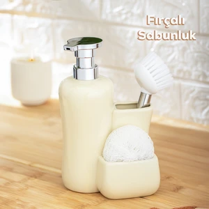Tezgah Üstü Fırçalı Süngerli Mutfak Banyo Porselen Sıvı Sabunluk Takımı Seti Krem 550 ml
