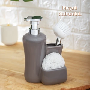 Tezgah Üstü Fırçalı Süngerli Mutfak Banyo Porselen Sıvı Sabunluk Takımı Seti Gri 550 ml
