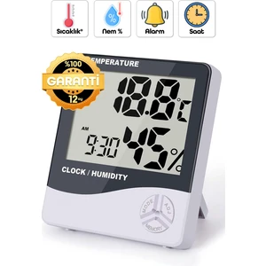 Termometre Nem Ölçer Alarm Saat Ekranlı Oda Sıcaklık Ölçer Duvara Uygun Masaüstü Isı Göstergesi 3240