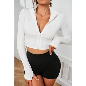 Kadın Fermuarlı Parmak Geçme Detaylı Top Bluz Dik Yaka Beyaz Uzun Kol Crop