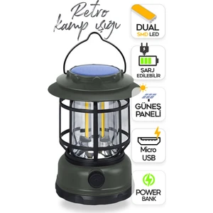 Fanus Fener Vintage Kamp El Feneri Micro USB Güneş Şarjlı 10W Güçlü LED Işık Power Bank Özellikli