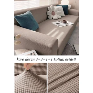 Streç Lastikli Esnek Yikanabilir Kare Desen Berjer Kotuk Örtüsü Takımı (3+3+1+1) Koltuk Kılıfı