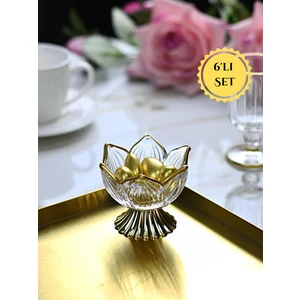 Lotus Çiçeği Gold Detaylı Metal Ayaklı Cam Lokumluk Drajelik Seti – 6 Adet