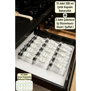Color House Baharatlık Borosilikat (Cam) Çelik Kapaklı 300ML 15 Adet Kavanoz 3 Adet Çift Stoplu Pleksi Stant