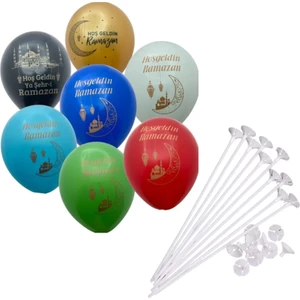 10 Adet Hoş Geldin Ramazan Yazılı Kaliteli 30  cm  Helyum Uyumlu Balon ve 10 Adet Balon Çubuğu