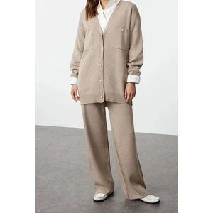 Moda Düz V Yaka Düşük Kol Casual Günlük Siyah Düğmeli Hırka-Pantolon Triko Alt-Üst Takım