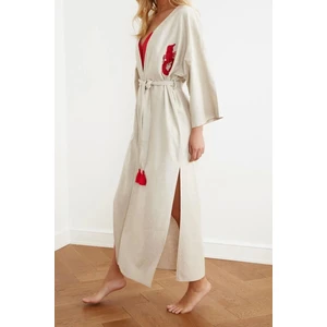 Moda Dokuma Regular Kalıp Uzun V Yaka Standart Kol Keten Karışımlı Kruvaze Etnik Desen Kimono Kaftan