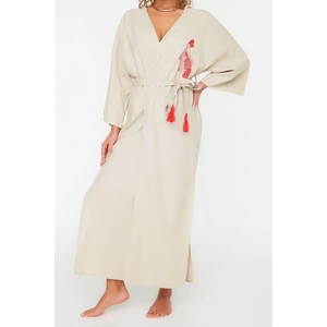Moda Dokuma Regular Kalıp Uzun V Yaka Standart Kol Keten Karışımlı Kruvaze Etnik Desen Kimono Kaftan