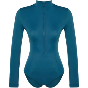 Kadın Moda Kapsız Uzun Brief Yaka Petrol Fermuarlı Uzun Kollu Regular Sörf Mayosu