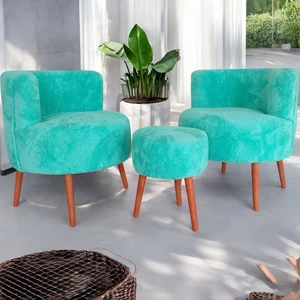 Turkuaz Teddy Kumaş Çay Seti Ikili Koltuk Berjer ve Puf Takımı (Salon, Balkon, Ofis) 3'lü Takım