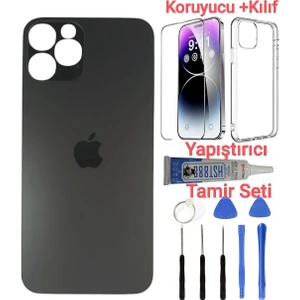 İndirim Plus Apple iPhone 14 Pro Max Pro Arka Kapak Pil Kapağı + Yapıştırıcı+Kılıf+Kırılmaz Siyah Renk