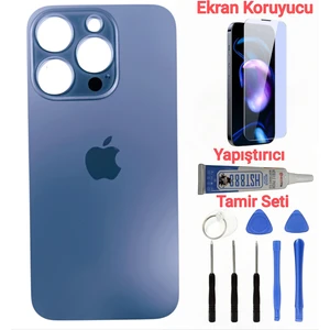 İndirim Plus Apple iPhone 15 Pro Max Arka Kapak Pil Kapağı + Yapıştırıcı+Kırılmaz+Tamir Seti Mavi Titanyum Renk