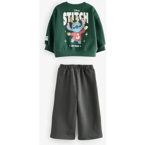 Stitch Baskılı Kız/Erkek Çocuk Oversize Sweatshirt ve Eşofman Takımı - Yeşil