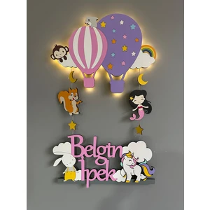 Balonlu Hayvanlı Işıklı Ahşap Bebek Kapı Süsü
