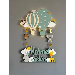 Balonlu Hayvanlı Işıklı Bebek Ahşap Kapı Süsü