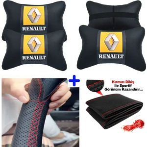 Renault R 19 Uyumlu Dikmeli Direksiyon Kılıfı Nokta Desenli+5d 2'li Oto Boyun Yastığı