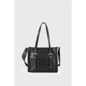 Kadın Siyah Suni Deri Dikiş Detaylı Mini Tote Çanta