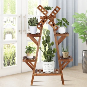 Alan Dekor Eskitme Ceviz Rengi 6 Raflı Ahşap Dekoratif Çiçeklik Saksılık Balkon Bahçe Standı Mobilyası Saksılık Raf Saksı