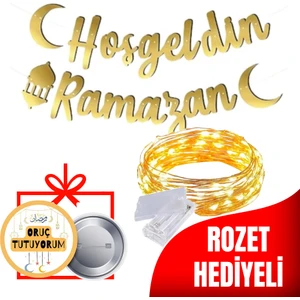 LED Işıklı Hoşgeldin Ramazan Kaligrafik Uzar Yazı Oruç Tutuyorum Rozet Hediyeli