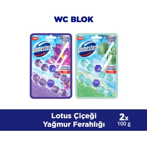 Tuvalet Bloğu Lotus Çiçeği 100 gr x1 + Domestos Tuvalet Bloğu Yağmur Ferahlığı 100 gr x1