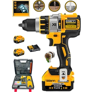 Alman Yellow 24 V4 Ah Orginal 13 mm Metal Mandren Brushless Motor Akülü Darbeli Matkap 10 Pilli