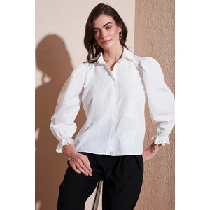 Pamuklu Slim Fit Nakışlı Balon Kol Gömlek Bayan Gömlek 676208