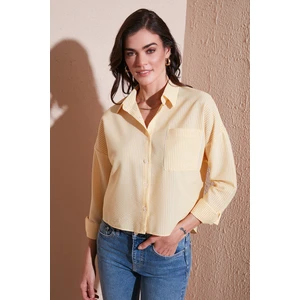 Regular Fit Çizgili Göğüs Cepli Dokulu Gömlek Bayan Gömlek 6772870