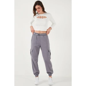 Pamuklu Standart Fit Normal Bel Lastikli Paça Kemerli Jogger Pantolon Bayan Pantolon 668YP5045