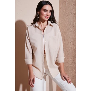 Regular Fit Uzun Kollu Cepli Çizgili Gömlek Bayan Gömlek 6772895
