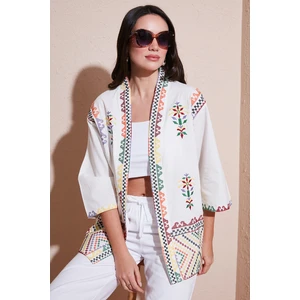 Nakış Işlemeli Pamuklu Oversize Fit Truvakar Kol Kimono Bayan Kimono 676272