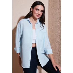 Regular Fit Uzun Kollu Cepli Çizgili Gömlek Bayan Gömlek 6772895
