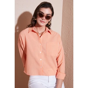 Regular Fit Çizgili Göğüs Cepli Dokulu Gömlek Bayan Gömlek 6772870