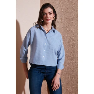 Regular Fit Çizgili Göğüs Cepli Dokulu Gömlek Bayan Gömlek 6772870