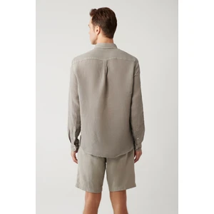 Avva Erkek Gri Düğmeli Yaka %100 Keten Comfort Fit Gömlek B002191