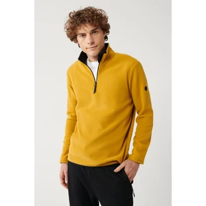 Erkek Hardal Soğuğa Dayanıklı Yarım Fermuarlı Dik Yaka Polar Sweatshirt E001068