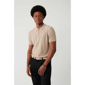Erkek Vizon Fermuarlı Rayon Fitil Örgülü Polo Yaka Triko T-shirt A41y5073