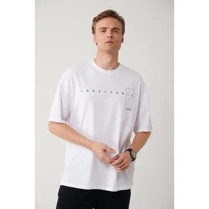 Erkek Beyaz %100 Pamuk Bisiklet Yaka Baskılı T-shirt A41y1157