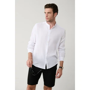 Erkek Comfort Fit Beyaz Hakim Yaka %100 Keten Gömlek B002035